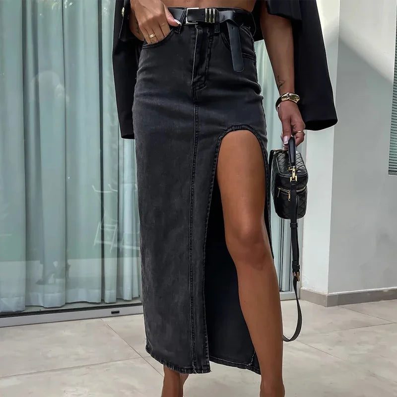 Vintage Streetwear High Waist Denim Midi Skirt