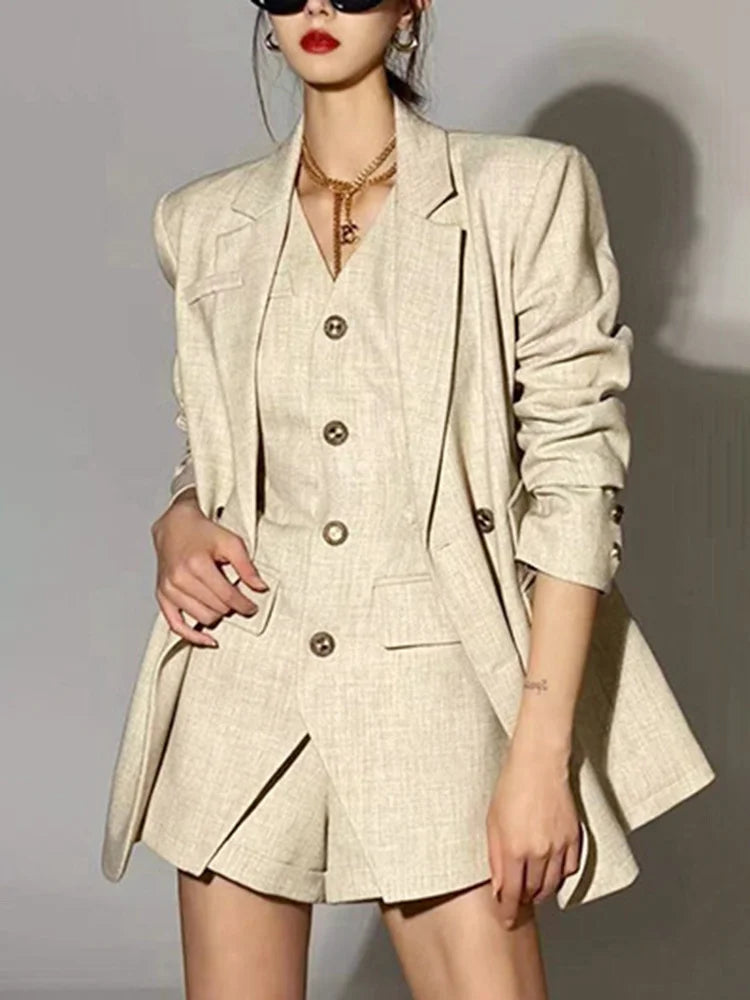 Beige Three Piece Sets (Jacket + V Neck Sleeveless Slim Vest + High Waist Shorts)