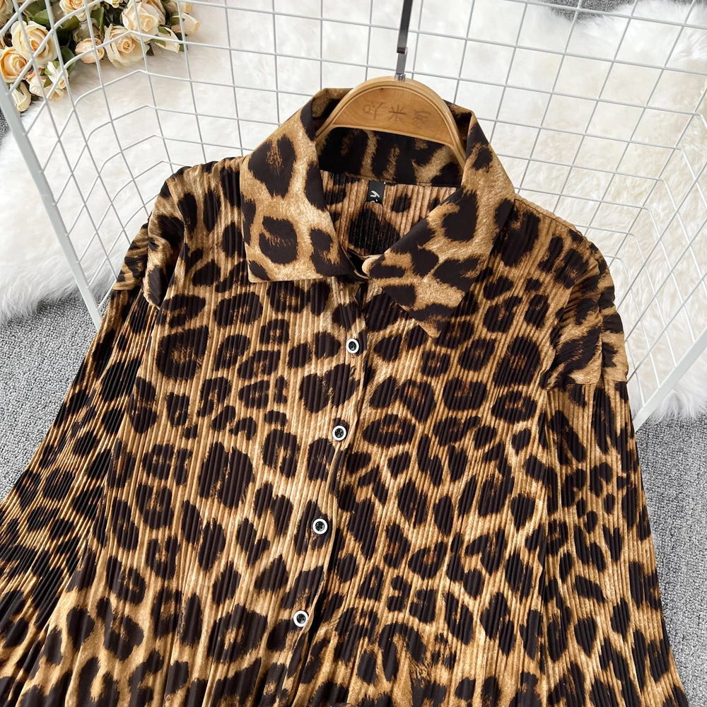 Casual Leopard Print Set 2 Pieces Long Sleeve Shirt