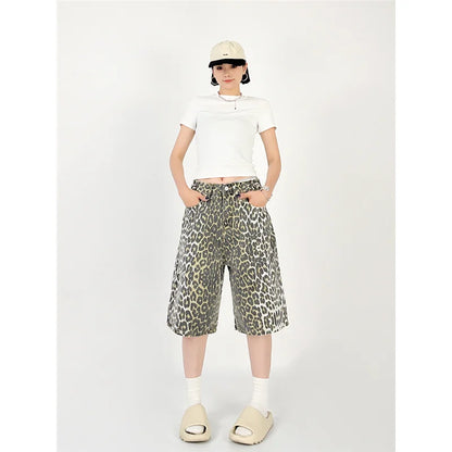 High Waist Straight Streetwear Shorts Jeans Leopard