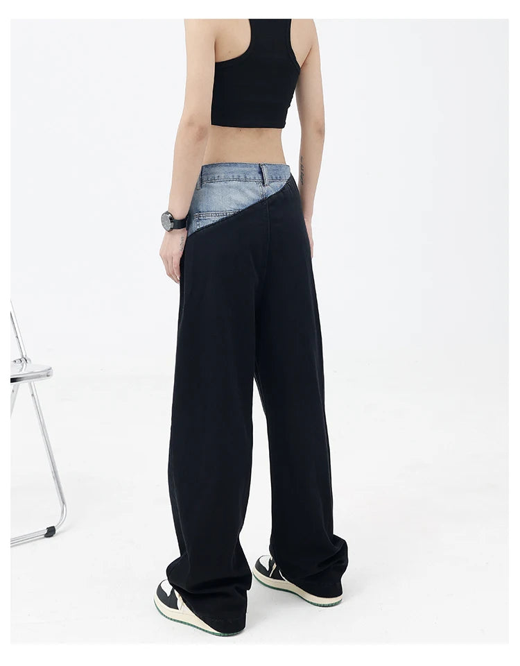 Casual Black Straight Jeans Vintage Patchwork Wide Leg Pants High Waist