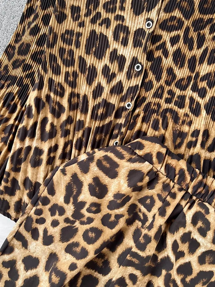 Casual Leopard Print Σετ 2 Τεμαχίων (μακρυμάνικο πουκάμισο & παντελόνι) 