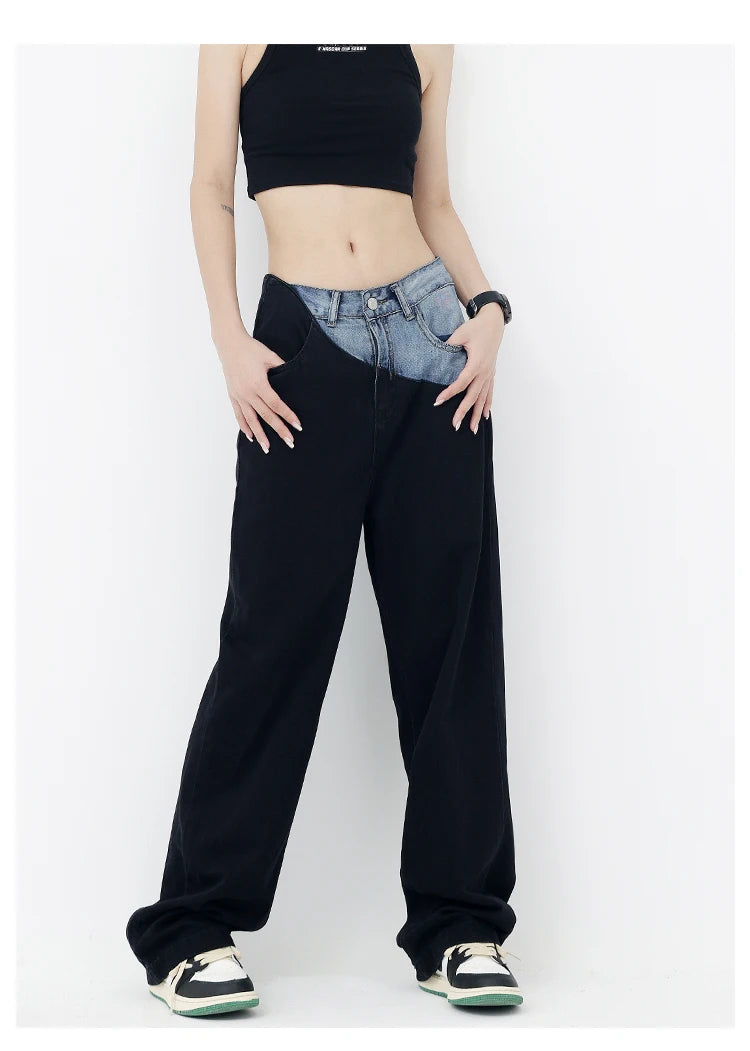 Casual Black Straight Jeans Vintage Patchwork Wide Leg Pants High Waist