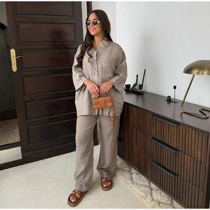 Chic Two Piece Set (Long Sleeve Shirt + Wide Leg Pants Set)