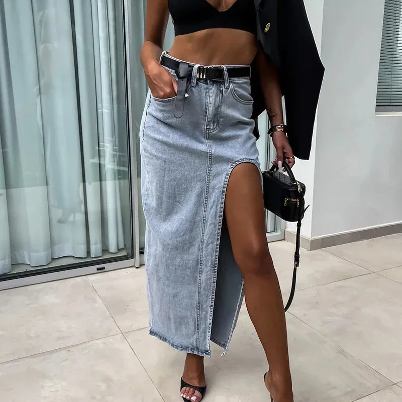 Vintage Streetwear High Waist Denim Midi Skirt