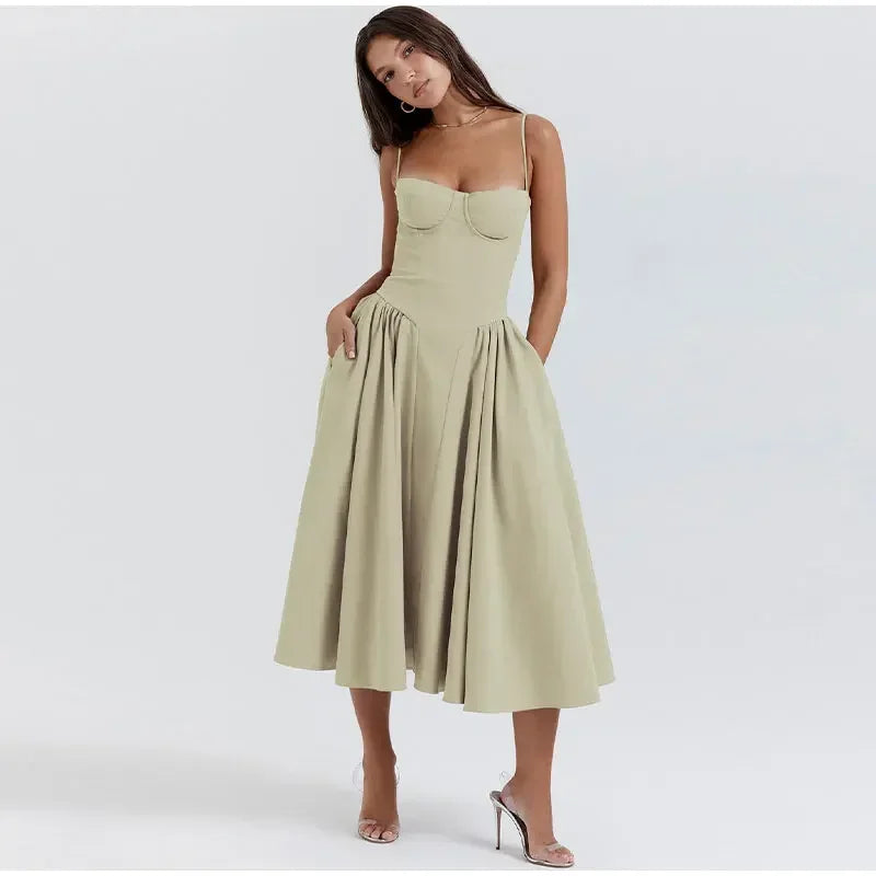 Elegant Retro Sleeveless Backless Pleated Midi Dress