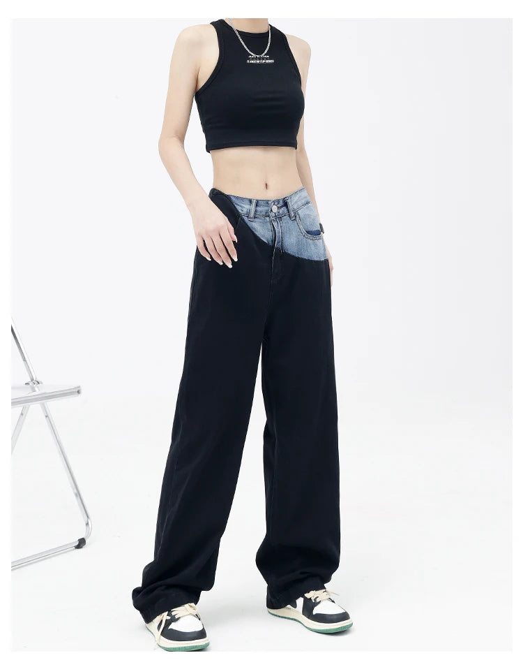 Casual Black Straight Jeans Vintage Patchwork Wide Leg Pants High Waist