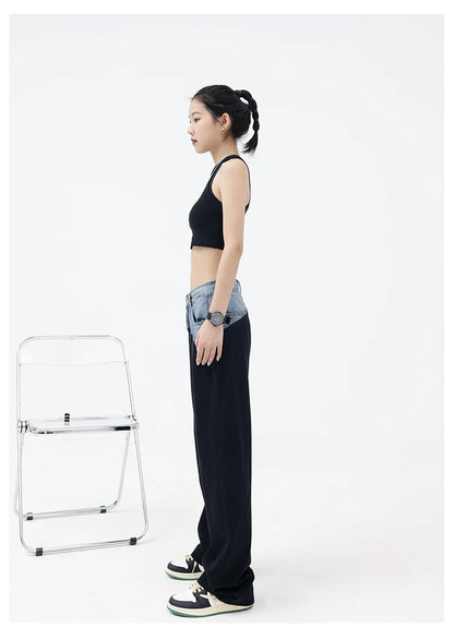 Casual Black Straight Jeans Vintage Patchwork Wide Leg Pants High Waist