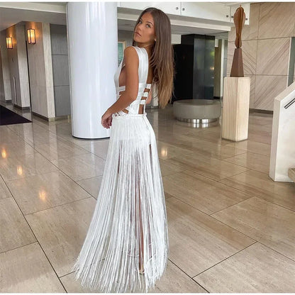 Elegant Tassel Hollow Out Patchwork Backless Long Dress