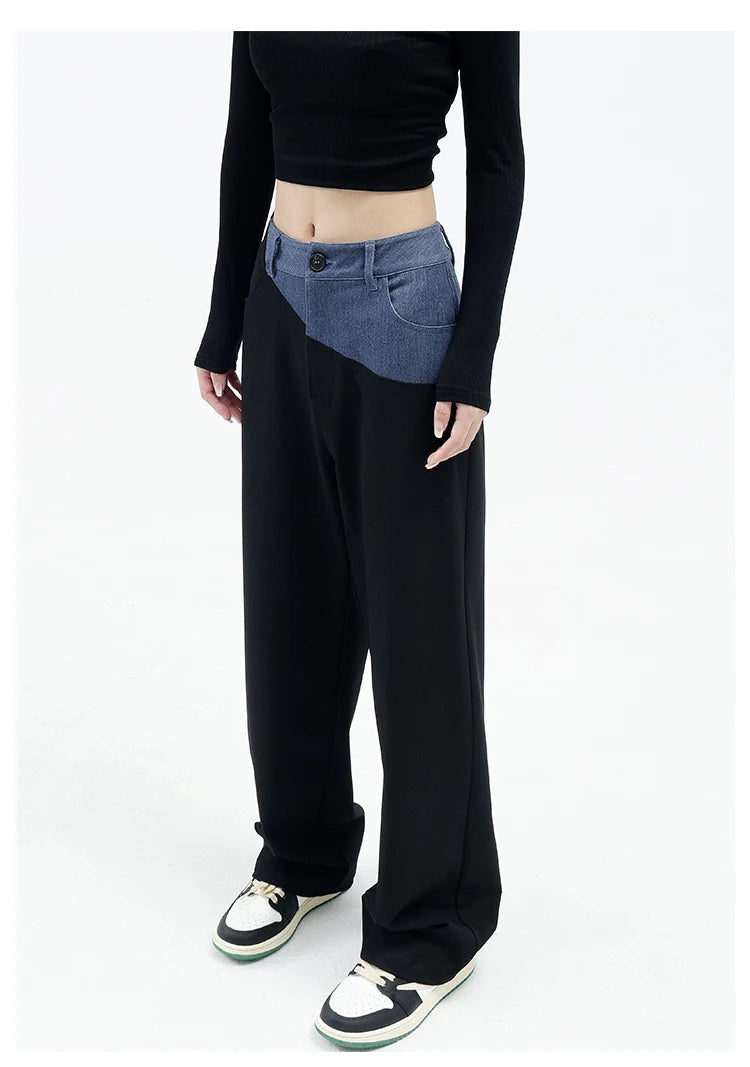 Casual Black Straight Jeans Vintage Patchwork Wide Leg Pants High Waist