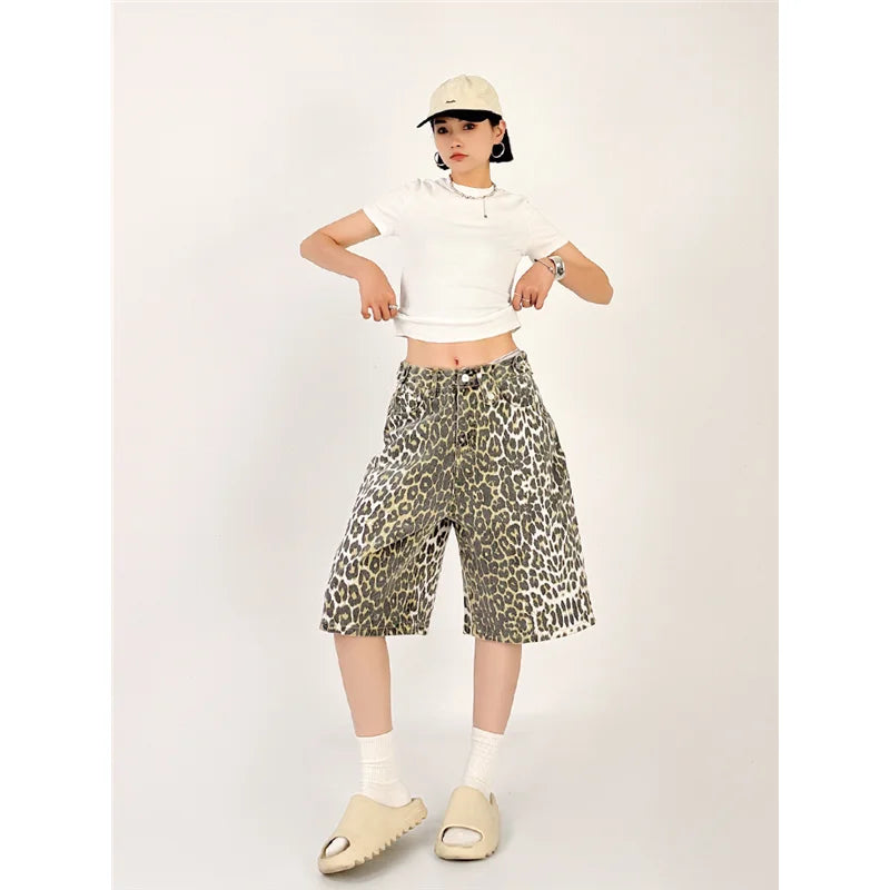 High Waist Straight Streetwear Shorts Jeans Leopard