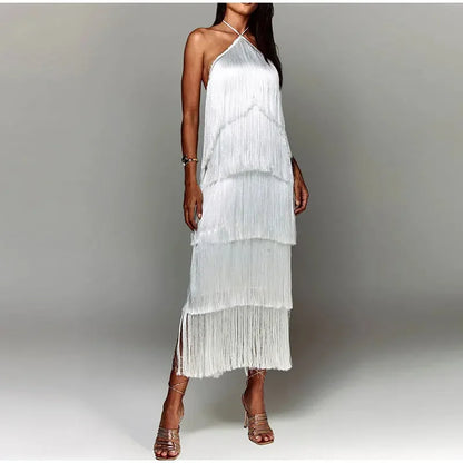 Chic Sleeveless Backless Metallic Color Tassel Long Dress