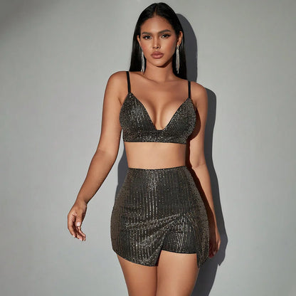 2 piece Set (Hottie Style Top + Sequined Slimming Short Skirt Suit)