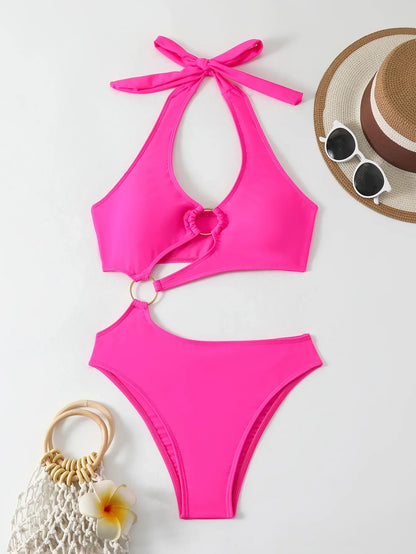 Ring Linked Monokini Halter Beach Cut Out One Piece Swimsuit