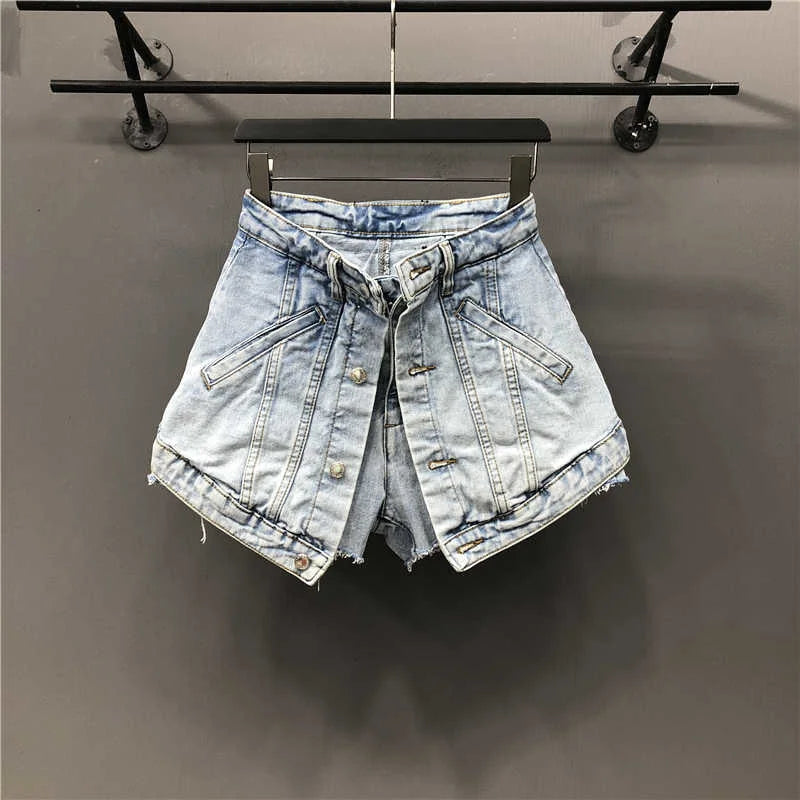 Fake Two Pieces High Waist A-line Thin Denim Shorts