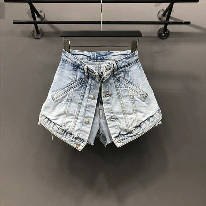 Fake Two Pieces High Waist A-Linien-Jeansshorts mit dünner Passform