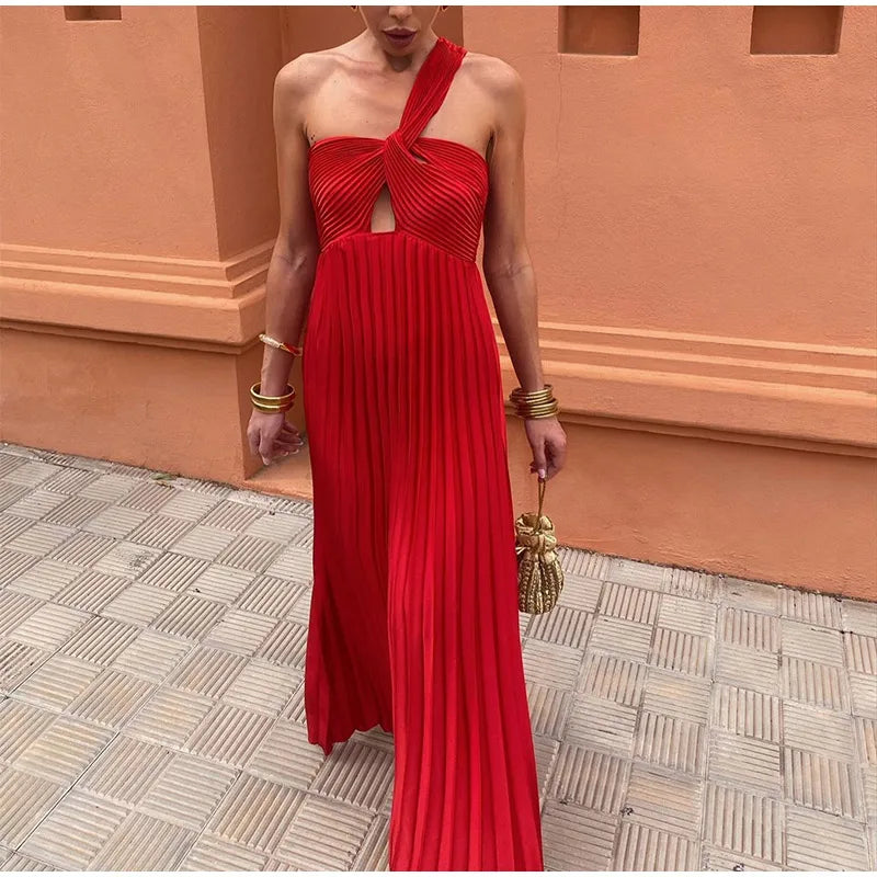 Fashion One Shoulder Hollow Out Pleated Maxi Dress