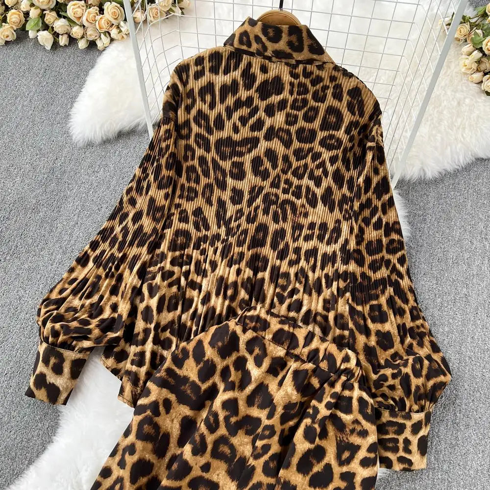 Casual Leopard Print Set 2 Pieces Long Sleeve Shirt