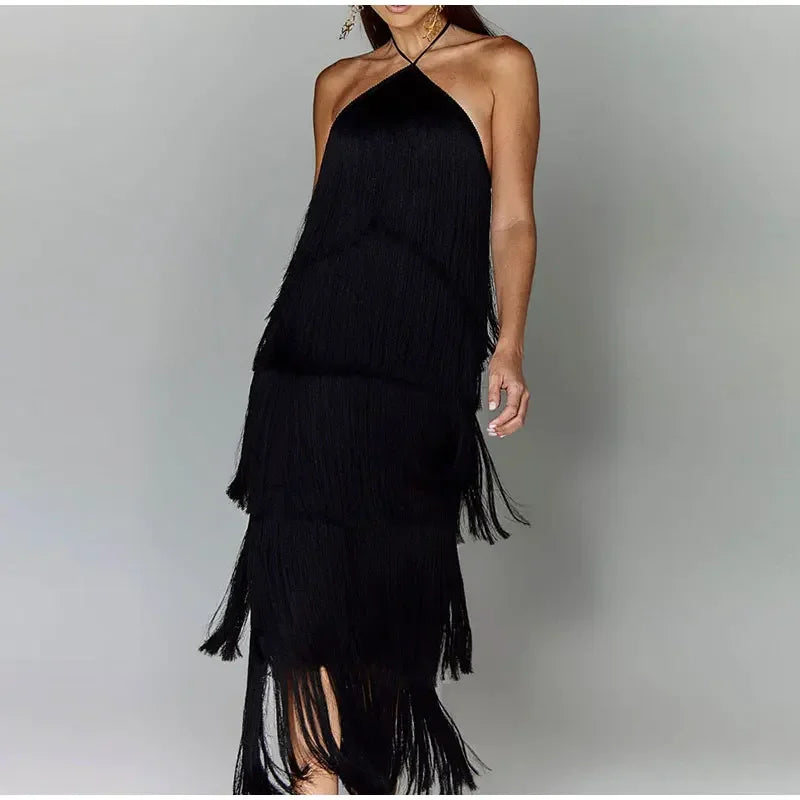 Chic Sleeveless Backless Metallic Color Tassel Long Dress