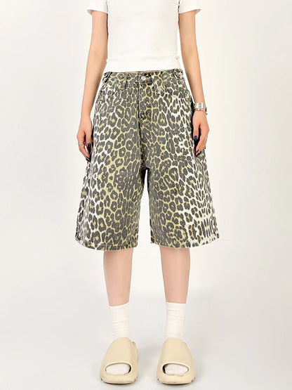 High Waist Straight Streetwear Shorts Jeans Leopard