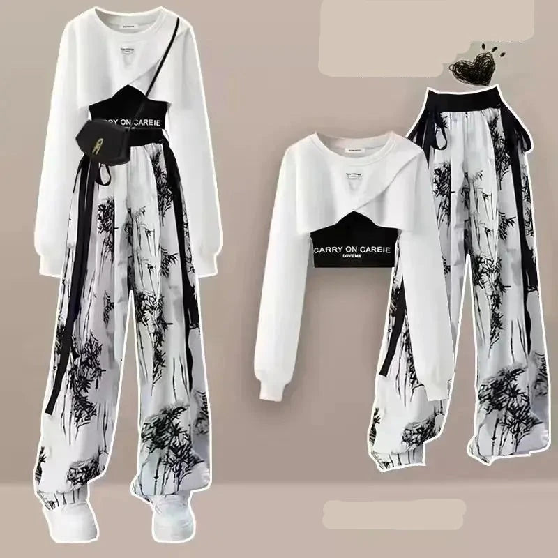 Three Pieces Trendy Set (Long Sleeved Top+Tank Top+Ink Wide Legged Pants)