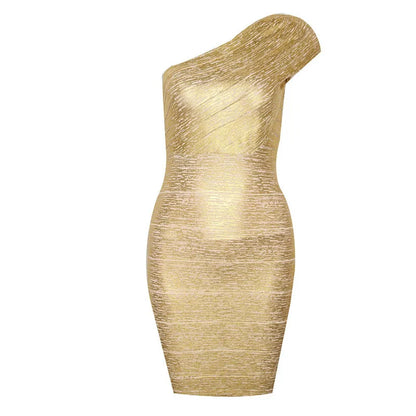 Gold Silver Sexy One Shoulder Bandage Sleeveless Dress