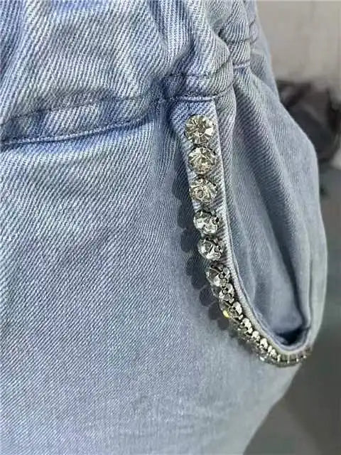 Denim Shorts Rhinestone Pocket Design