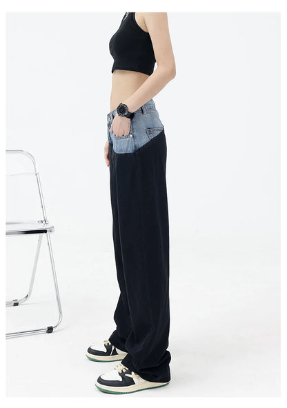 Casual Black Straight Jeans Vintage Patchwork Wide Leg Pants High Waist