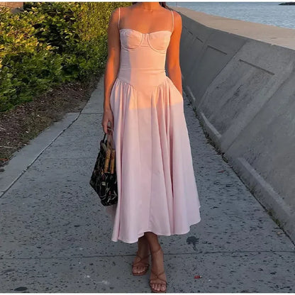 Elegant Retro Sleeveless Backless Pleated Midi Dress