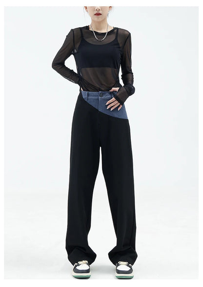 Casual Black Straight Jeans Vintage Patchwork Wide Leg Pants High Waist