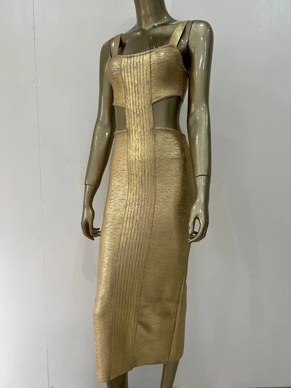 Sexy Backless Midi Gold Bronzing Dress 2023