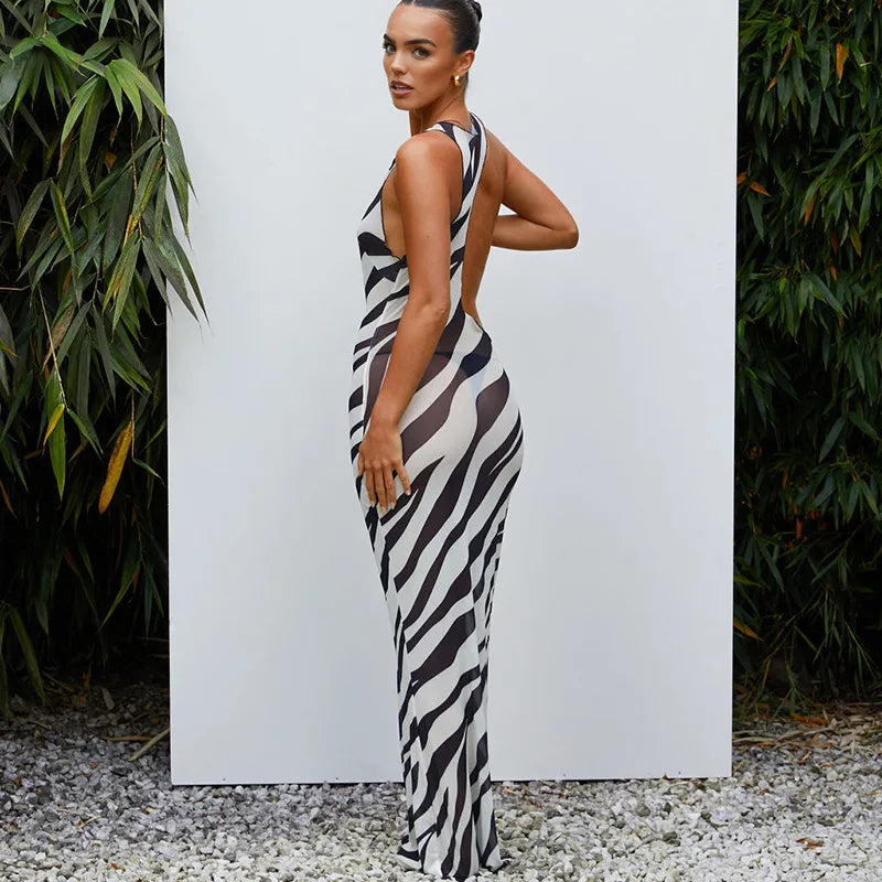 Zebra Print Long Dress Beach Style