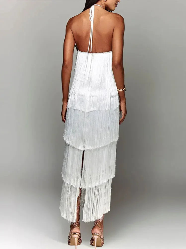 Chic Sleeveless Backless Metallic Color Tassel Long Dress