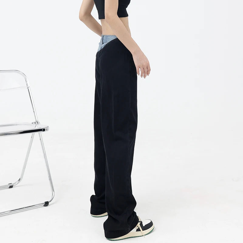 Casual Black Straight Jeans Vintage Patchwork Wide Leg Pants High Waist