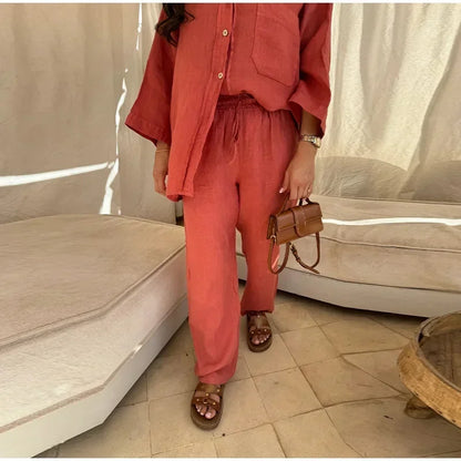 Chic Two Piece Set (Long Sleeve Shirt + Wide Leg Pants Set)