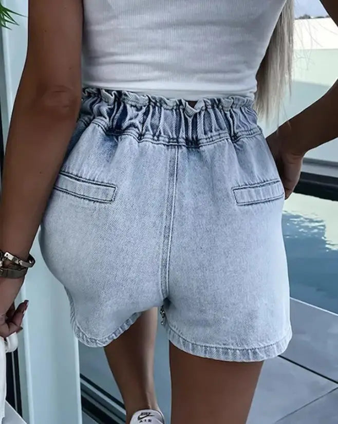 Denim Shorts Rhinestone Pocket Design