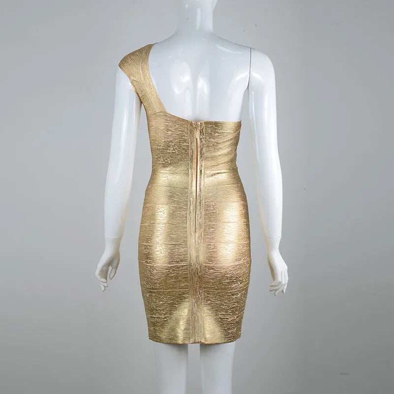 Gold Silver Sexy One Shoulder Bandage Sleeveless Dress