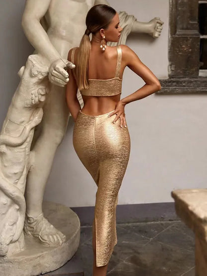 Sexy Backless Midi Gold Bronzing Dress 2023