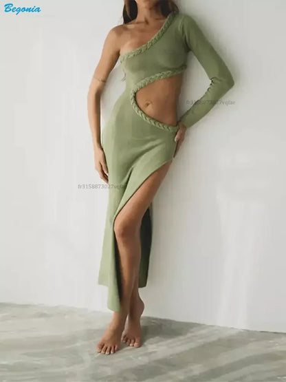 Asymmetry Green Sleeveless Evening Party Maxi Dress