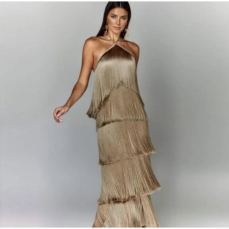 Chic Sleeveless Backless Metallic Color Tassel Long Dress