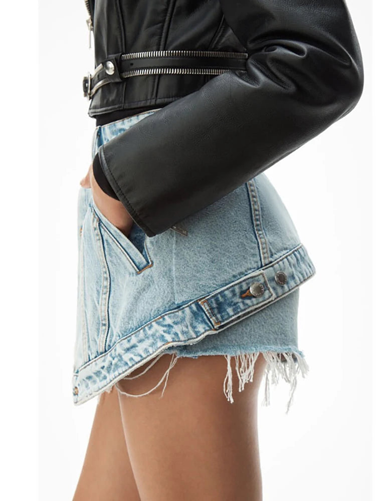 Fake Two Pieces High Waist A-line Thin Denim Shorts