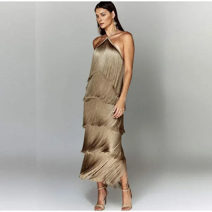 Chic Sleeveless Backless Metallic Color Tassel Long Dress