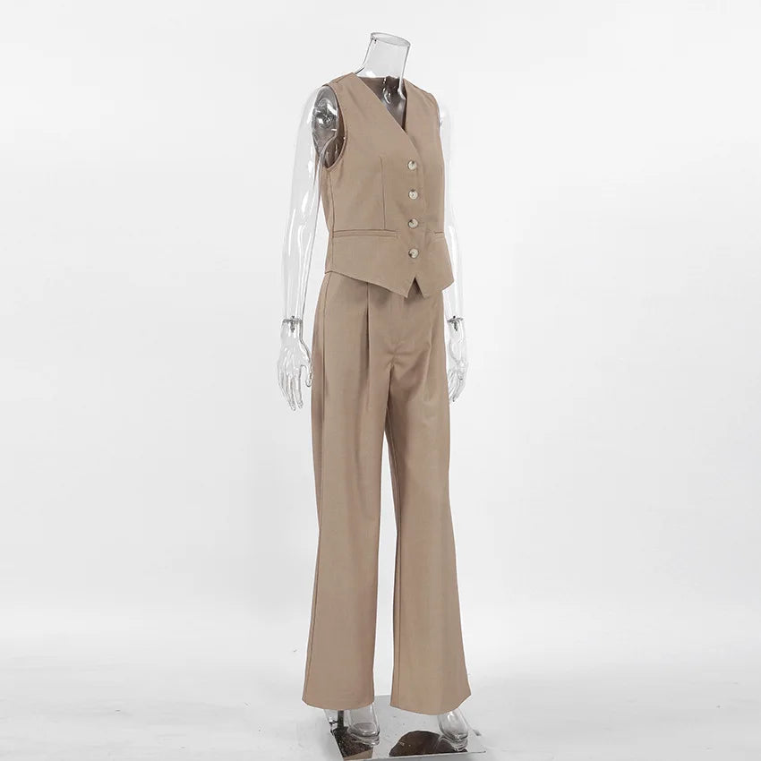 Linen Two Piece Set (Sleeveless Tank Top + High Waist Wide Pants)