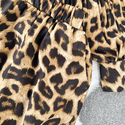 Casual Leopard Print Σετ 2 Τεμαχίων (μακρυμάνικο πουκάμισο & παντελόνι) 