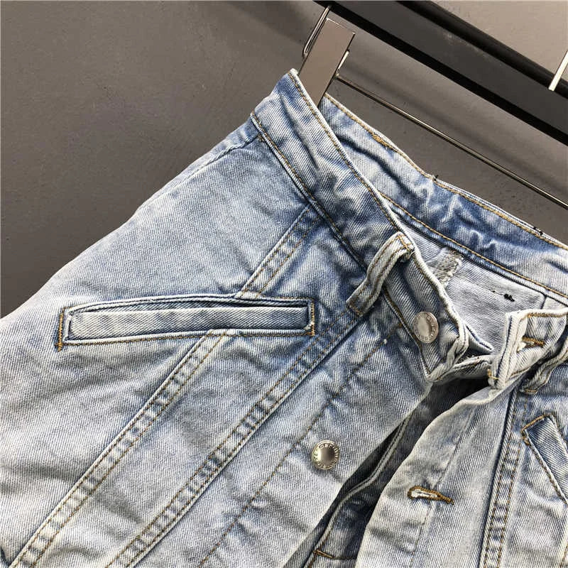 Fake Two Pieces High Waist A-line Thin Denim Shorts