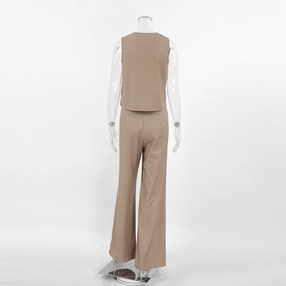 Linen Two Piece Set (Sleeveless Tank Top + High Waist Wide Pants)