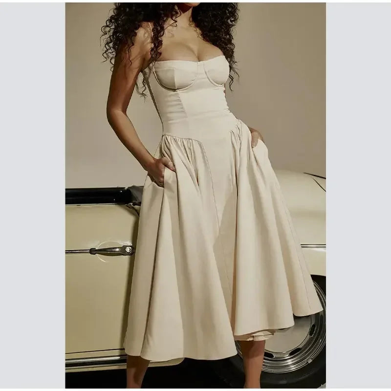 Elegant Retro Sleeveless Backless Pleated Midi Dress