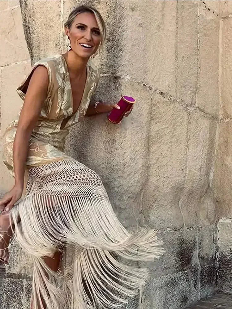 Chic Lace Deep V Neck Sleeveless Maxi Dress with Tassels