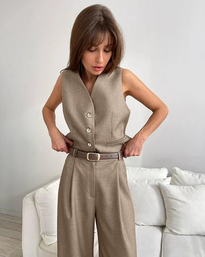 Linen Two Piece Set (Sleeveless Tank Top + High Waist Wide Pants)