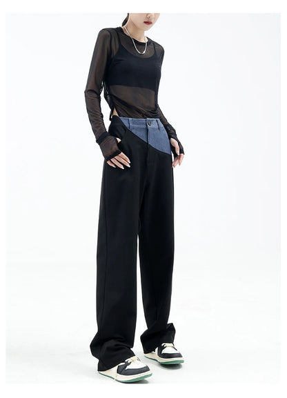 Casual Black Straight Jeans Vintage Patchwork Wide Leg Pants High Waist